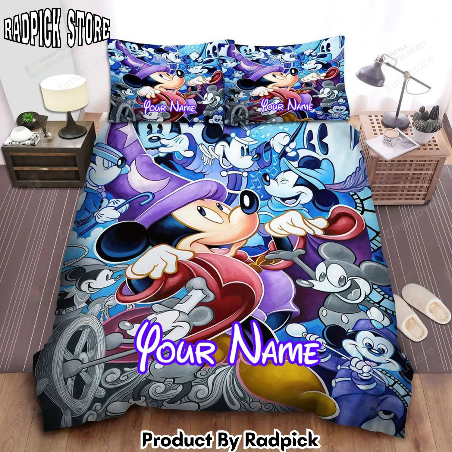 Radpick sorcerer mickey mouse multiple mickey mouse characters bed sheets spread comforter duvet cover personalized name bedding sets rp3272172